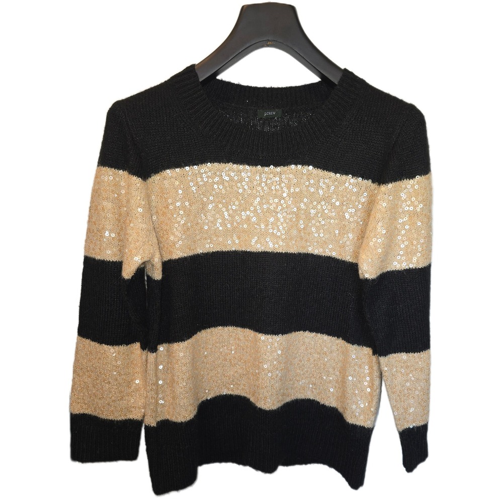 J.Crew Womens Striped Sequin Sweater Black Gold Long Sleeve Crewneck Knit Top S